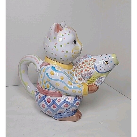 Cat Holding Fish Teapot Hand Painted World Bazaars Inc. - Picture 2 of 8